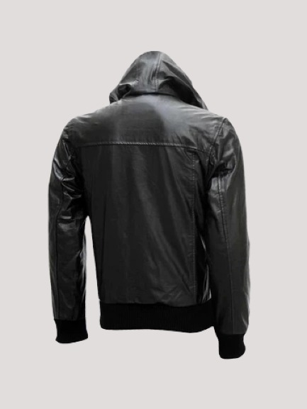 Mens Black Hoodie Leather Jacket - Image 2