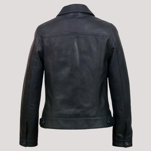 Tilly Navy Denim Style Leather Jacket - Image 2