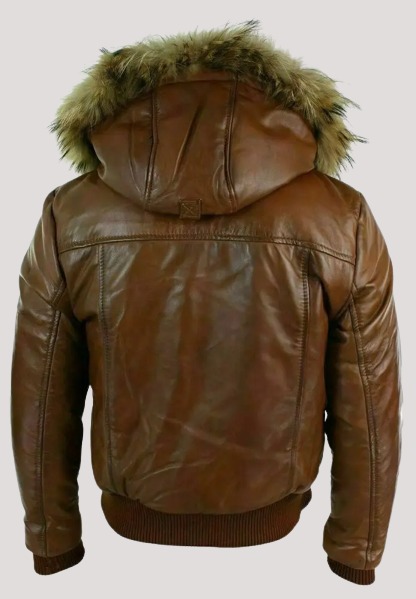 Mens Brown Bomber Leather Jacket With Fur Hood - Image 2