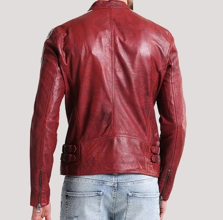 Mens Cafe Racer Red Fitted Leather Jacket - Image 2
