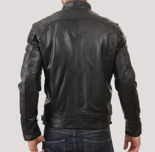 Mens Classic Band Style Collar Leather Jacket - Image 2