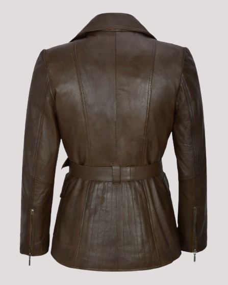Women's Classic Brown Mid Length Trench Leather Coat - Image 3