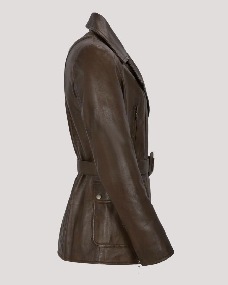 Women's Classic Brown Mid Length Trench Leather Coat - Image 2