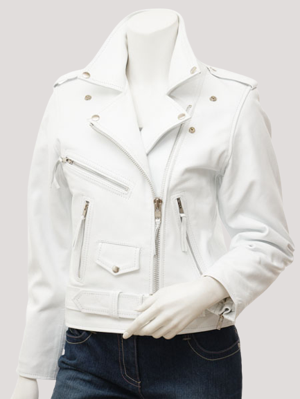 Womens White Leather Motorcycle Jacket
