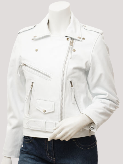 Women's Coden White Biker Leather Jacket - Image 2