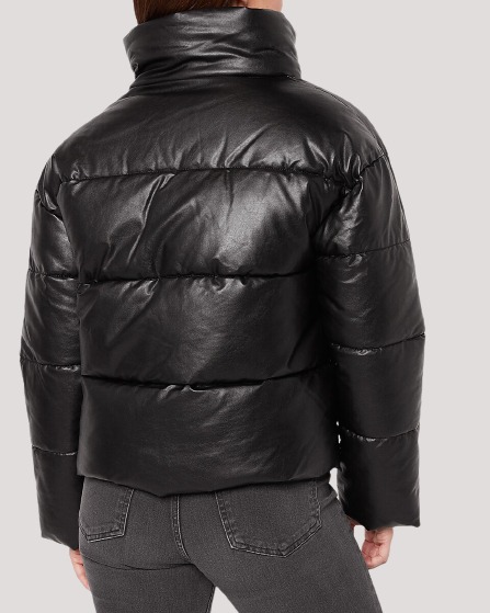 Womens Black Puffer Faux Leather Jacket - Image 2