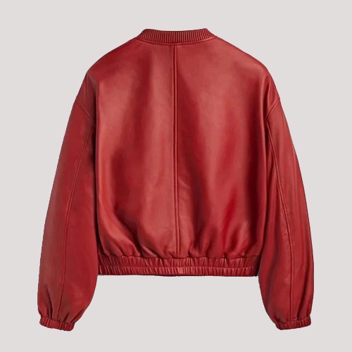 Women’s Red Leather Bomber Jacket - Image 2