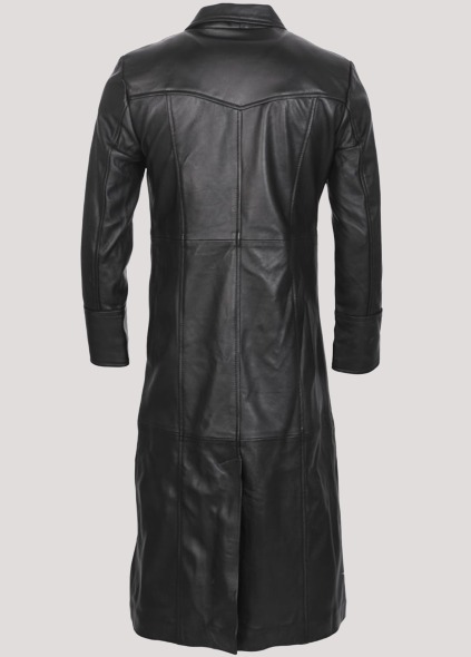 Mens Black Trench Winter Leather Coat - Image 2