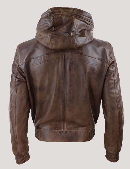 Mens Brown Bomber Leather Jacket With Hood - Image 2