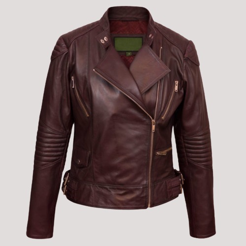 Womens Burgundy Biker Leather Jacket