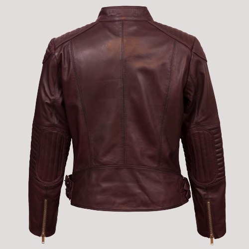 Women’s Burgundy Biker Leather Jacket - Image 2