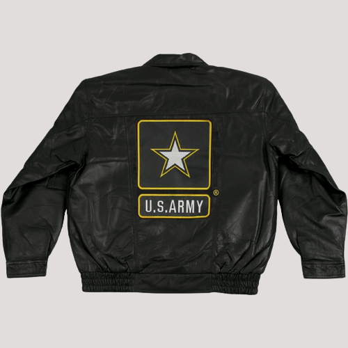US Army Star Logo Bomber Black Leather Jacket - Image 2