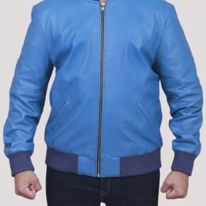 Blue Leather Bomber Jacket