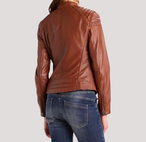 Women's Casual Brown Biker Leather Jacket - Image 2