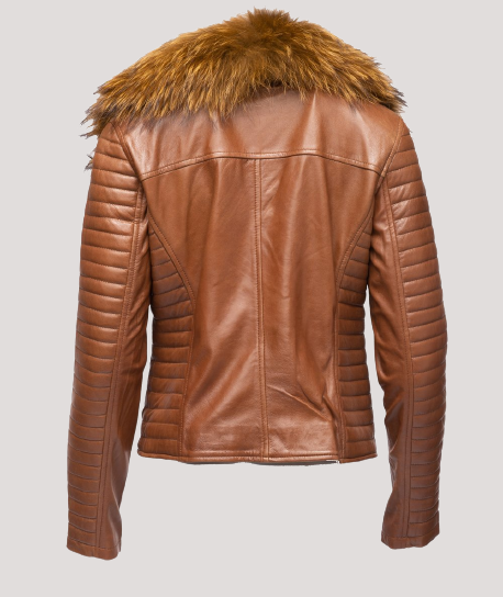 Women’s Fur Collar Brown Leather Jacket - Image 3