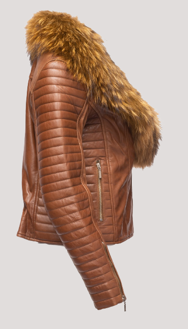 Women’s Fur Collar Brown Leather Jacket - Image 2