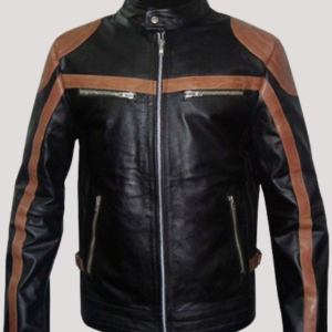 Mens Brown Stripes Leather Biker Jacket