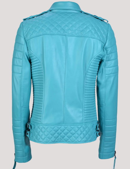 Women's Teal Turquoise Blue Biker Leather Jacket - Image 2