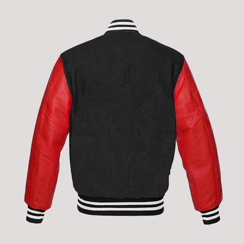 Mens Black Wool Red Leather Sleeves Varsity Jacket - Image 2