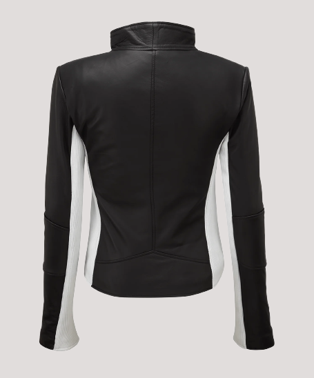 Women's Classic Asymmetrical Biker Black & White Leather Jacket - Image 2