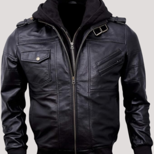 Black Leather Hooded Jacket