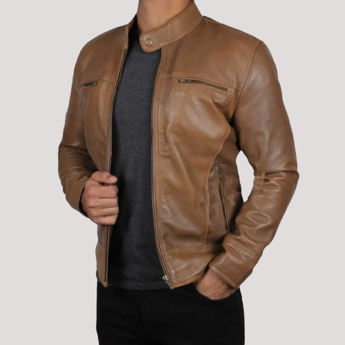 Mens Cheap Brown Leather Biker Jacket - Image 2