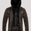Mens Stylish Retro Brown Leather Jacket With Hoodie - Image 2