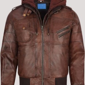 Flavor Brown Leather Motorcycle Jacket With Removable Hood