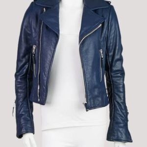 Dark Blue Leather Biker Jacket