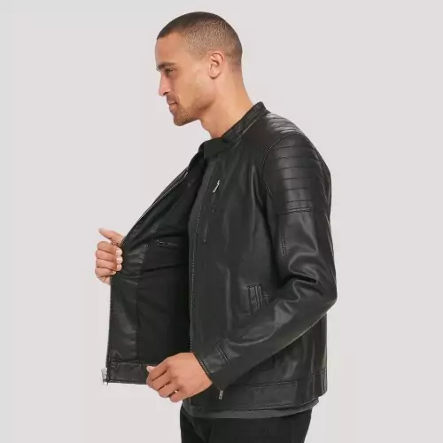 Mens Black Rivet Leather Biker Jacket - Image 3