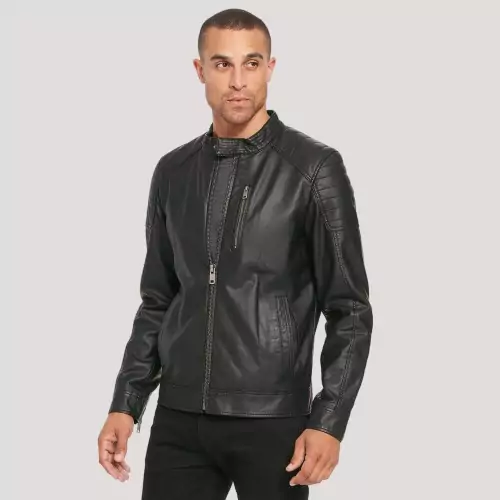Mens Black Rivet Leather Biker Jacket - Image 2