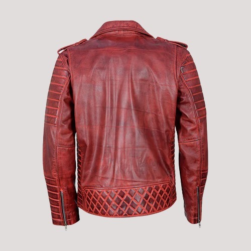 Mens Antique Red Quilted Biker Jacket - Image 3
