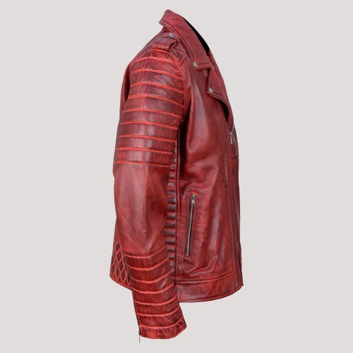 Mens Antique Red Quilted Biker Jacket - Image 2