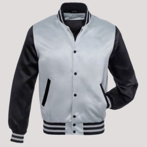 Grey And Black Bomber Varsity Satin Jacket