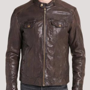 Mens Brown Leather Flap Pocket Jacket