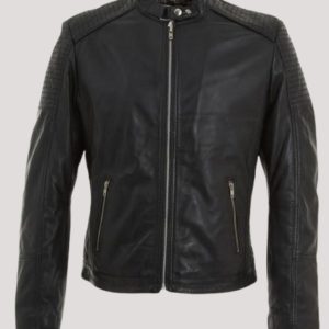 Mens Casual Black Leather Quilted Biker Jacket