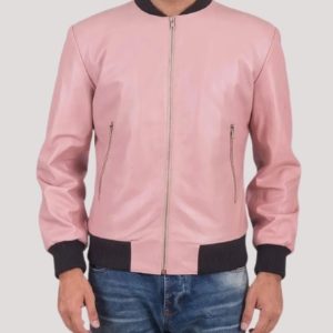 Mens Pink Leather Bomber Jacket