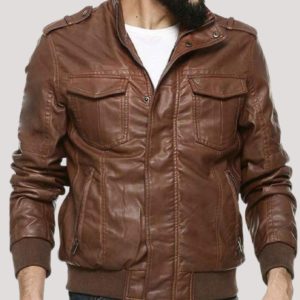 Mens Pockets Brown Leather Bomber Jacket