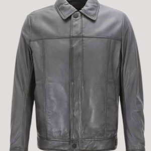 Mens Slim Fit Grey Leather Trucker Jacket