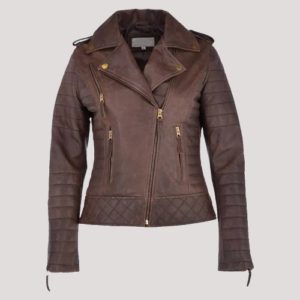 Womens Brown Leather Padded Biker Jacket