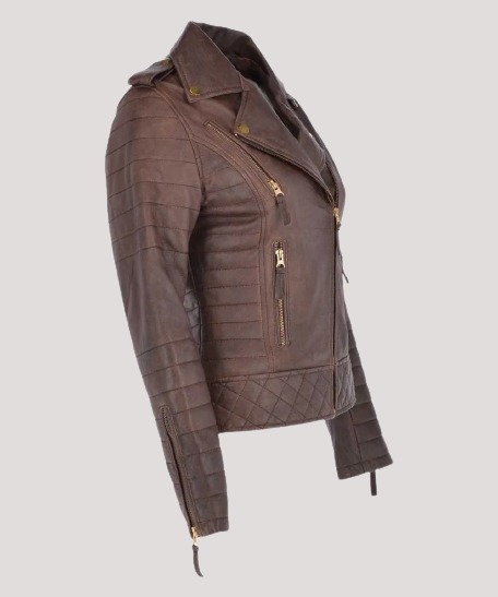 Women's Distressed Brown Biker Leather Jacket - Image 2