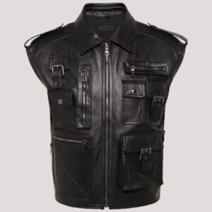 Black Leather Sleeveless Jacket