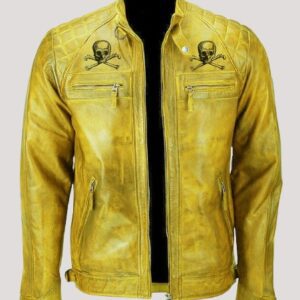 Devil Skull Distressed Yellow Leather Jacket