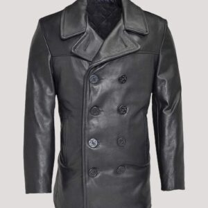 Mens Naval Black Leather Peacoat